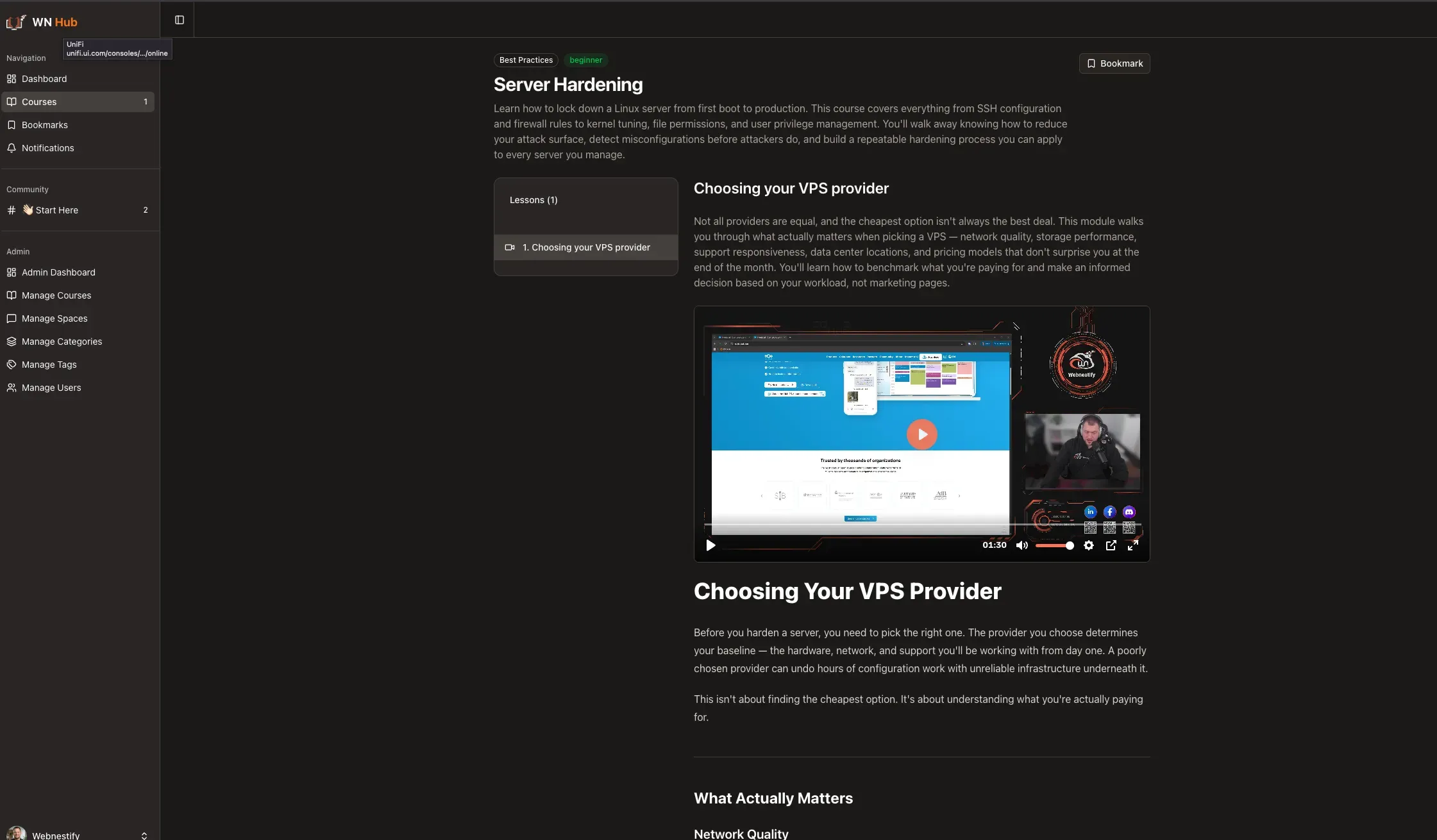 Webnestify Hub community spaces interface showing threaded discussions and access controls in the production deployment